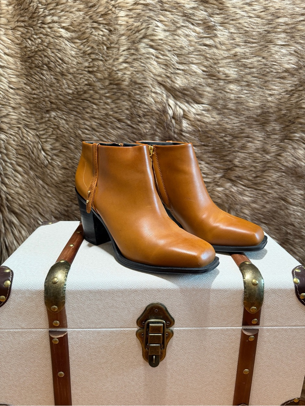 Franco Sarto Chestnut Brown Leather Ankle Booties with Block Heel